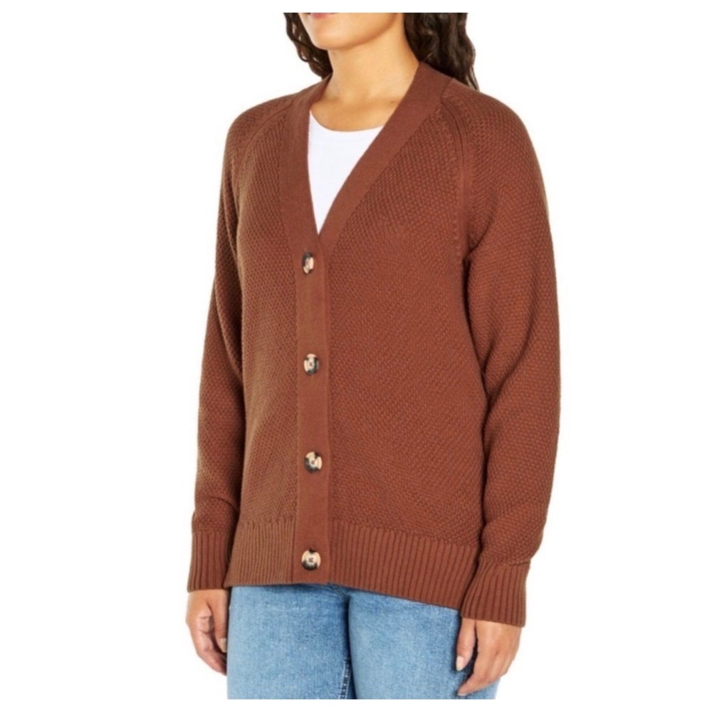 GAP Cardigan Sweater Women Large Rust Brown Textured V-Neck Dark Academia Layer